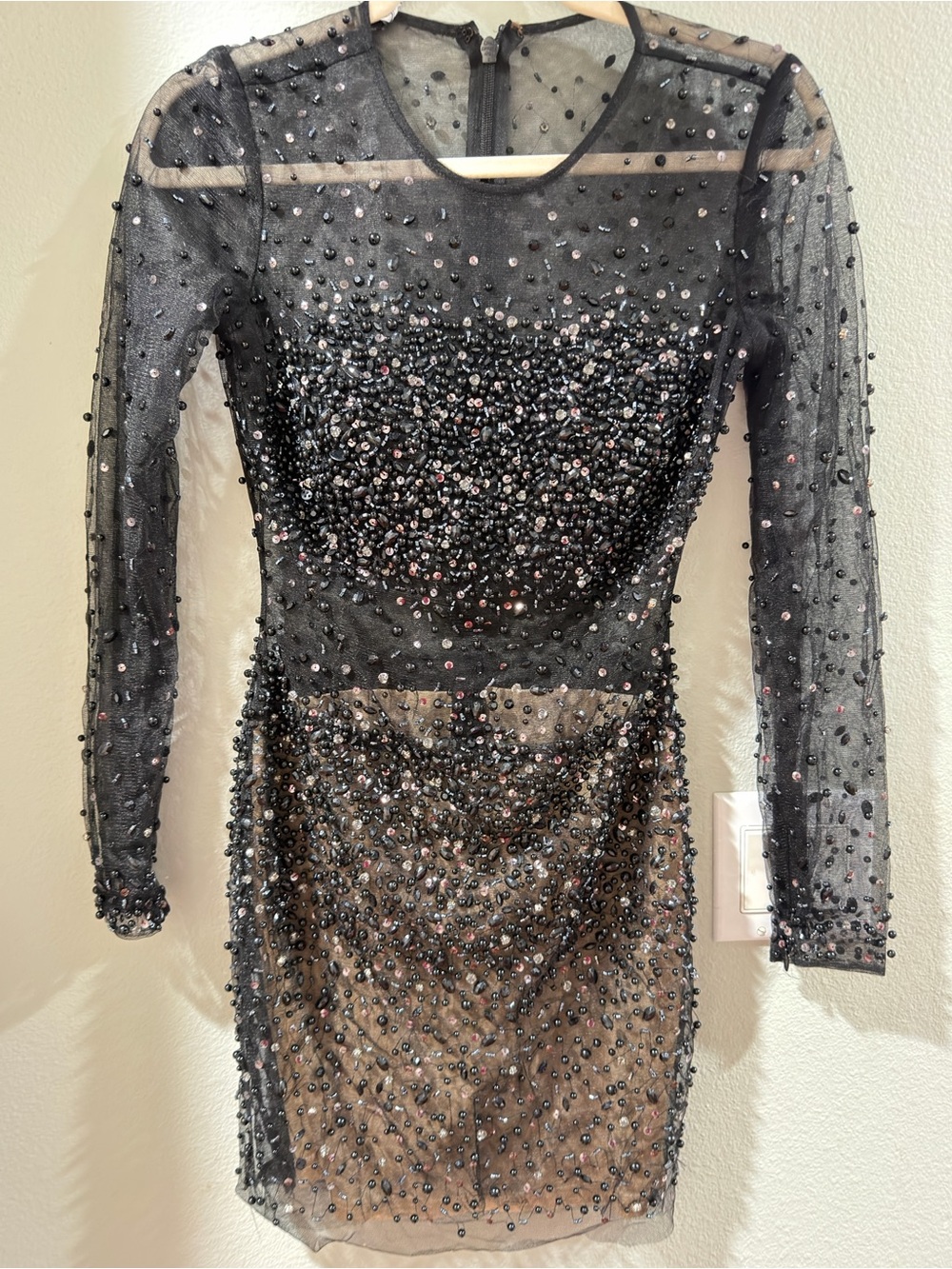 bebe Black Beaded Mesh Long-Sleeve Mini Dress